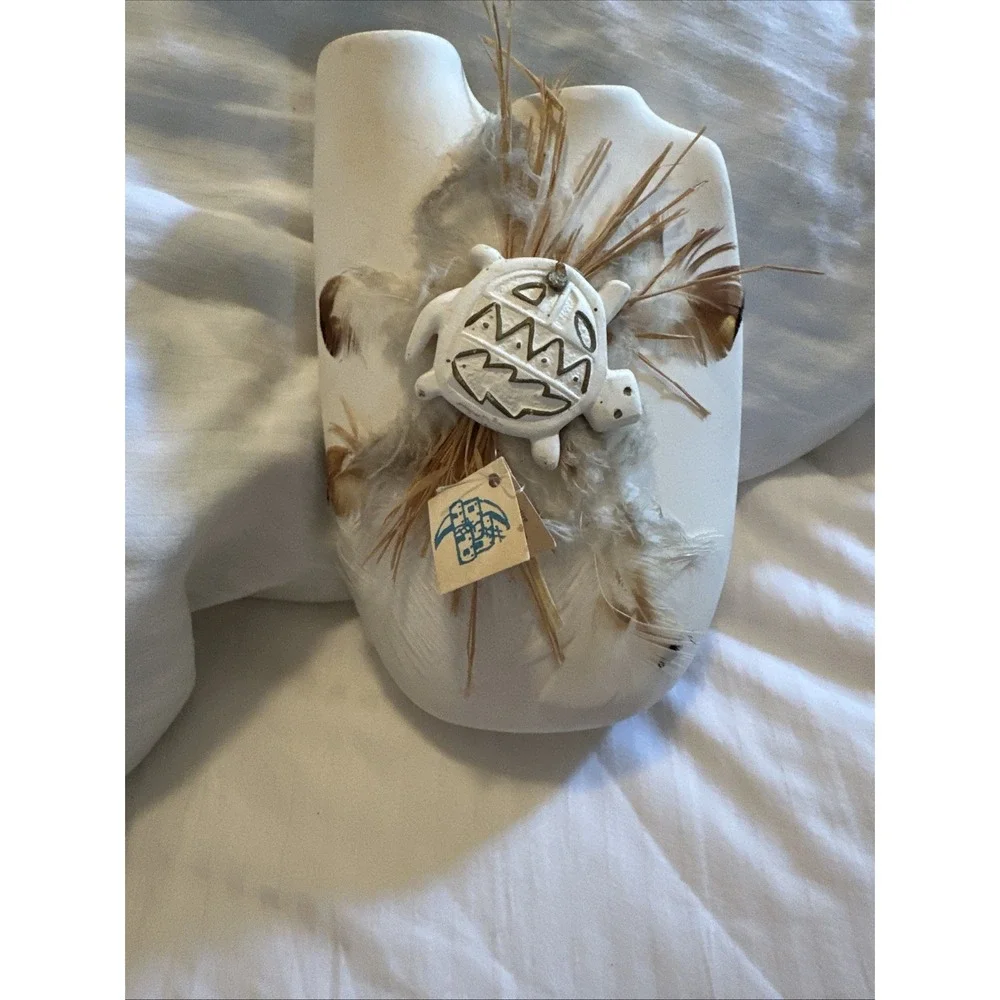 Vintage Adobe Moon White Ceramic Wedding Vase Double Spout Native Turtle Feather